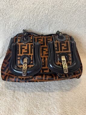 Vintage Fendi Zucca Monogram Baguette Bag Brown Canvas Black Leather Shoulder